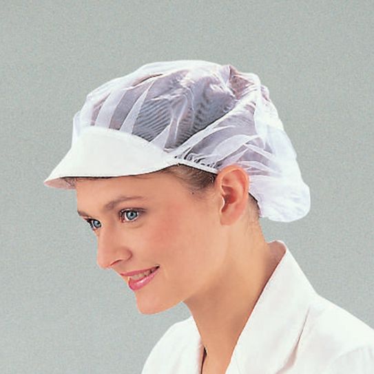 White peaked cap with solid peak and net body