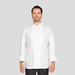 DE47 white long sleeve chef jacket pima cotton hand rolled buttons